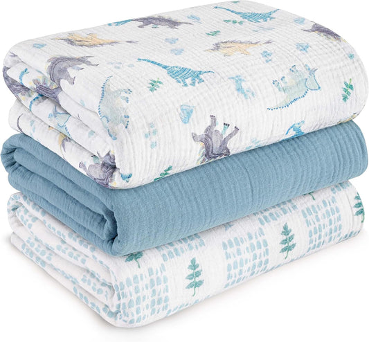 Muslin Swaddle Blankets for Newborn, 3 Pack Breathable Soft Receiving Blanket, Large 38 x 40 inches Swaddle Wrap Burping Clothes Diapers, Essentials Infant Shower Items, Toddler Gift (Blue Dinosaur)