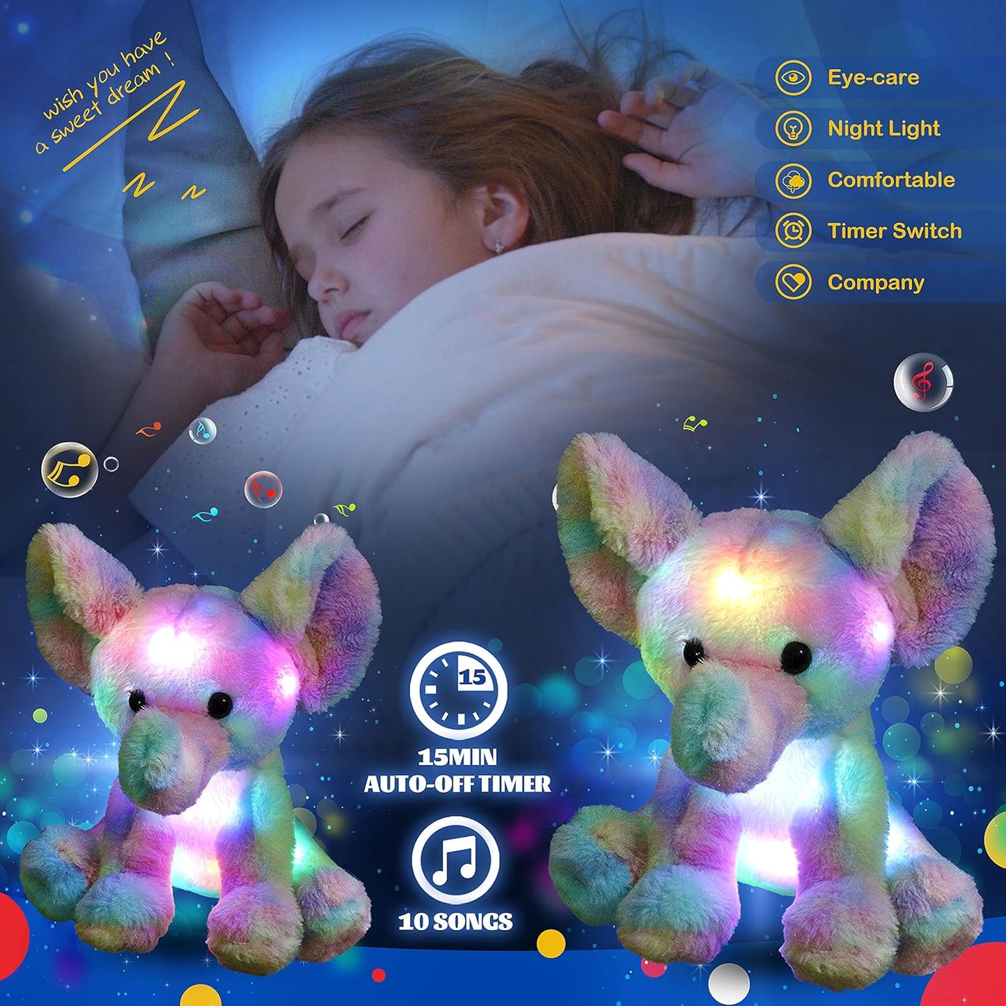 Glow Guards 12'' Musical Light up Rainbow Elephant Stuffed Animal,LED Singing Soft Wildlife Animal Plush Toy with Night Lights&Lullaby,Birthday Children's Day Hoilday Gift for Toddler Kids