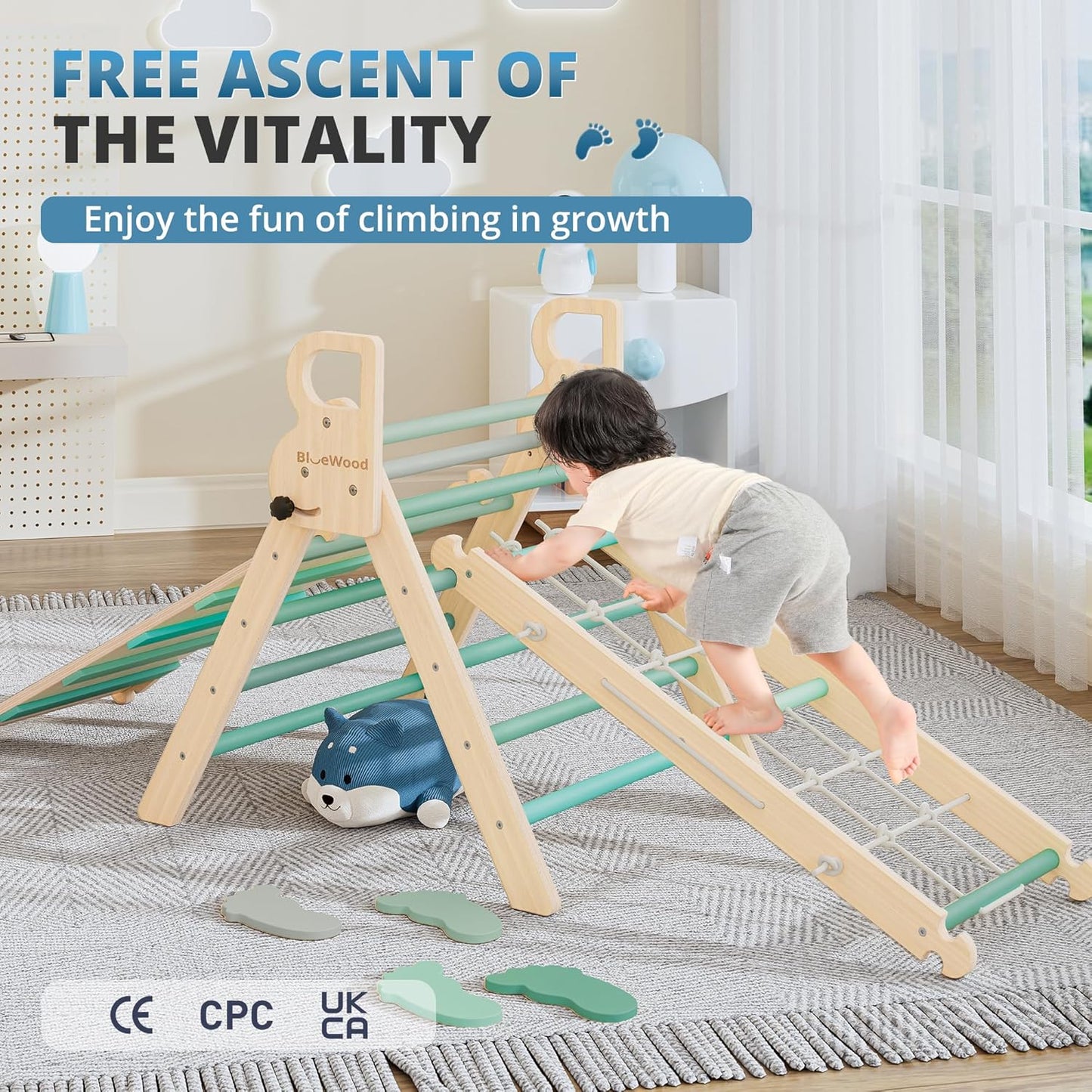 BlueWood 10-in-1 Pikler Triangle Set, Toddler Climbing Toys Indoor, Montessori Climber, Baby Jungle Gyms with Arch, Extra Rope Ladder & Footprint Balance Beam - Emerald Forest