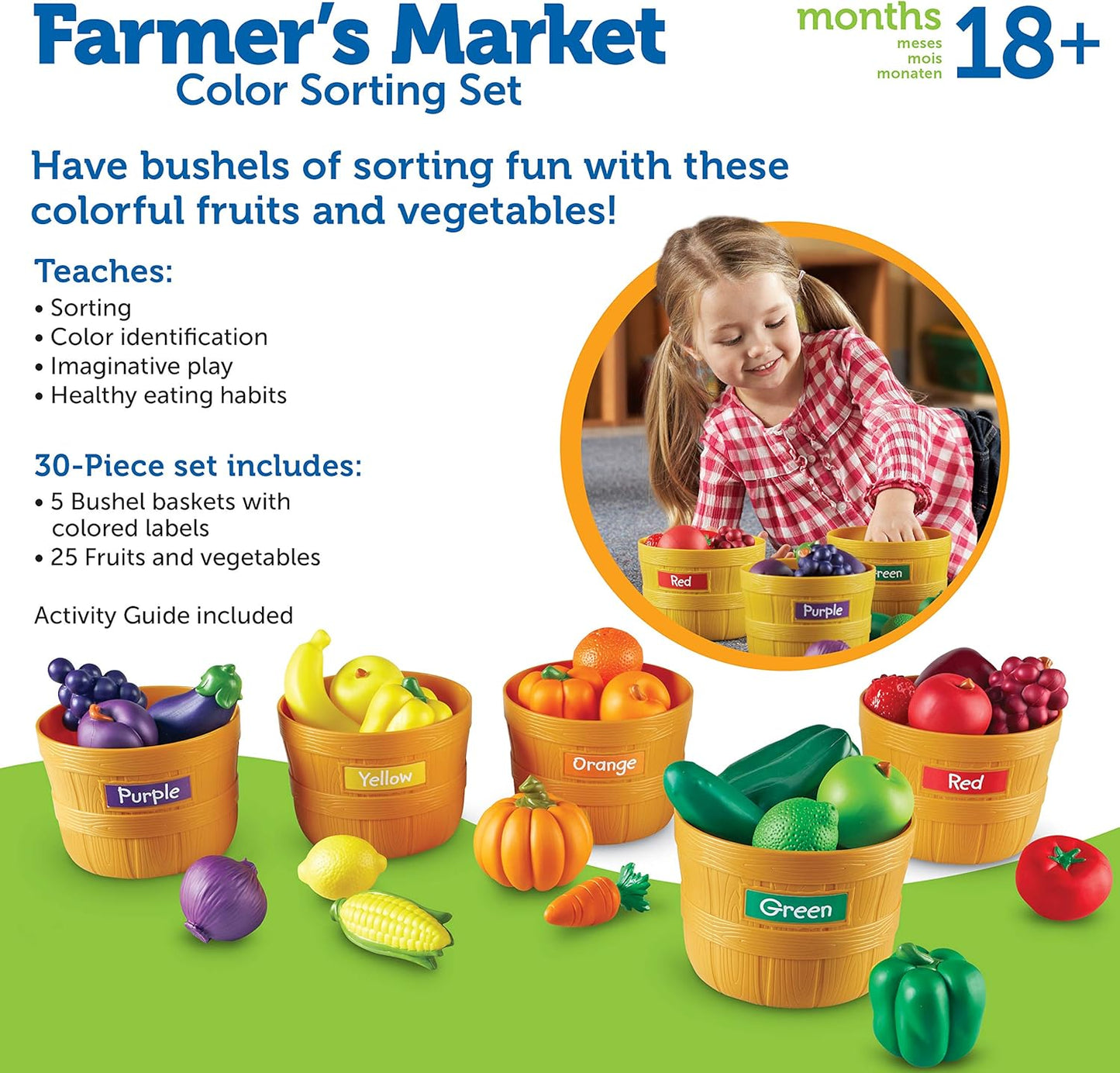 Learning Resources Farmer’s Market Color Sorting Set - 30 Pieces Age 18+ Months Toddler Learning Toys, Sorting Toys for Kids, Play Food,Easter Basket Stuffers